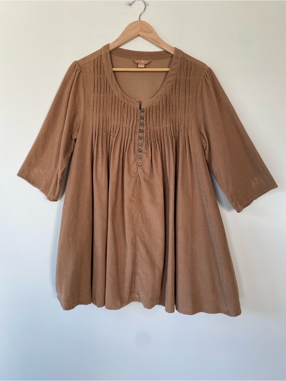 April Cornell Country Road Tunic Top Brown Corduroy Pintuck 3/4 Sleeve Size S